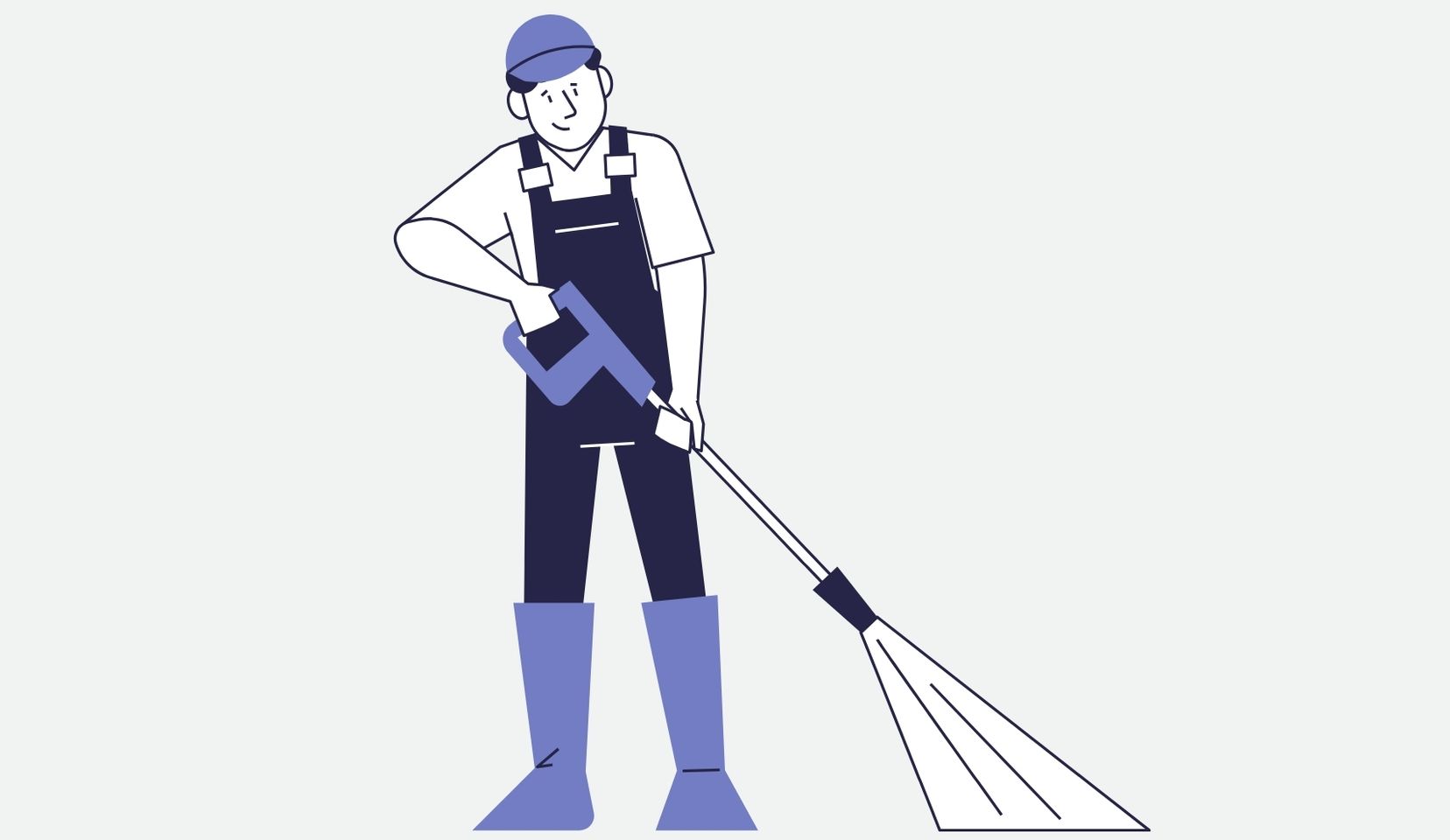 Illustration of a worker in navy overalls and boots cleaning a surface with a pressure washer
